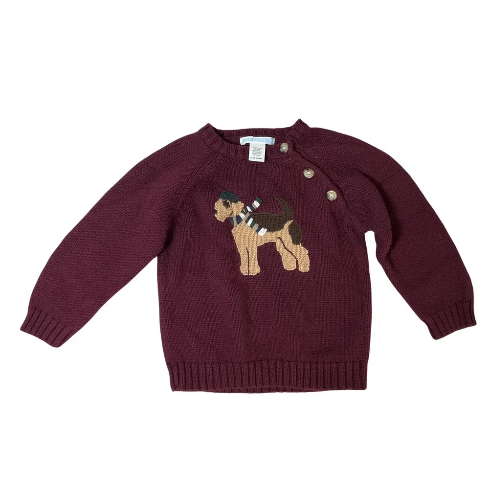 Janie and Jack Sweater Kids 12-18M Burgundy Cotton Wool Dog Elbow Patch Preppy